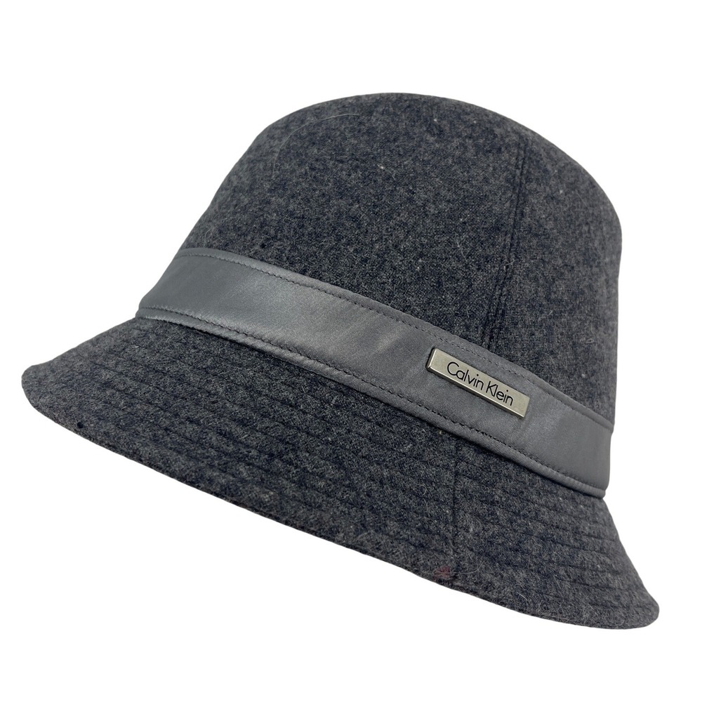 Calvin Klein Womens Wool Blend Bucket Hat Charcoal Gray Satin Band Logo OS